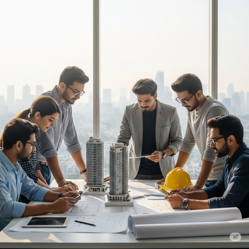Construction design development team reviewing architectural plans and 3D models in Indian construction office