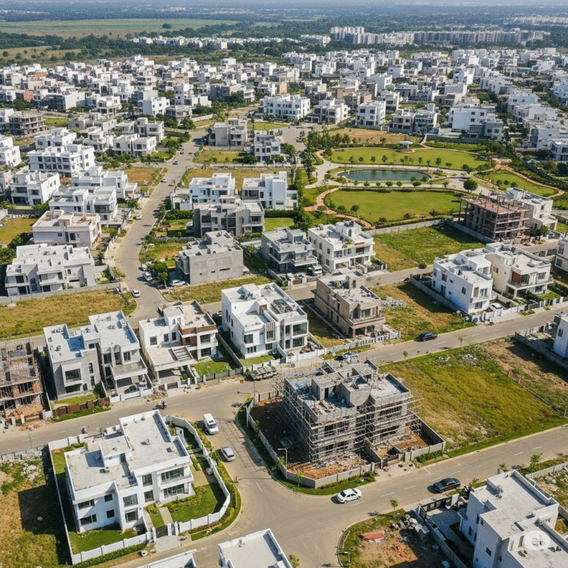 Aerial view of planned residential plots in Indian suburban development