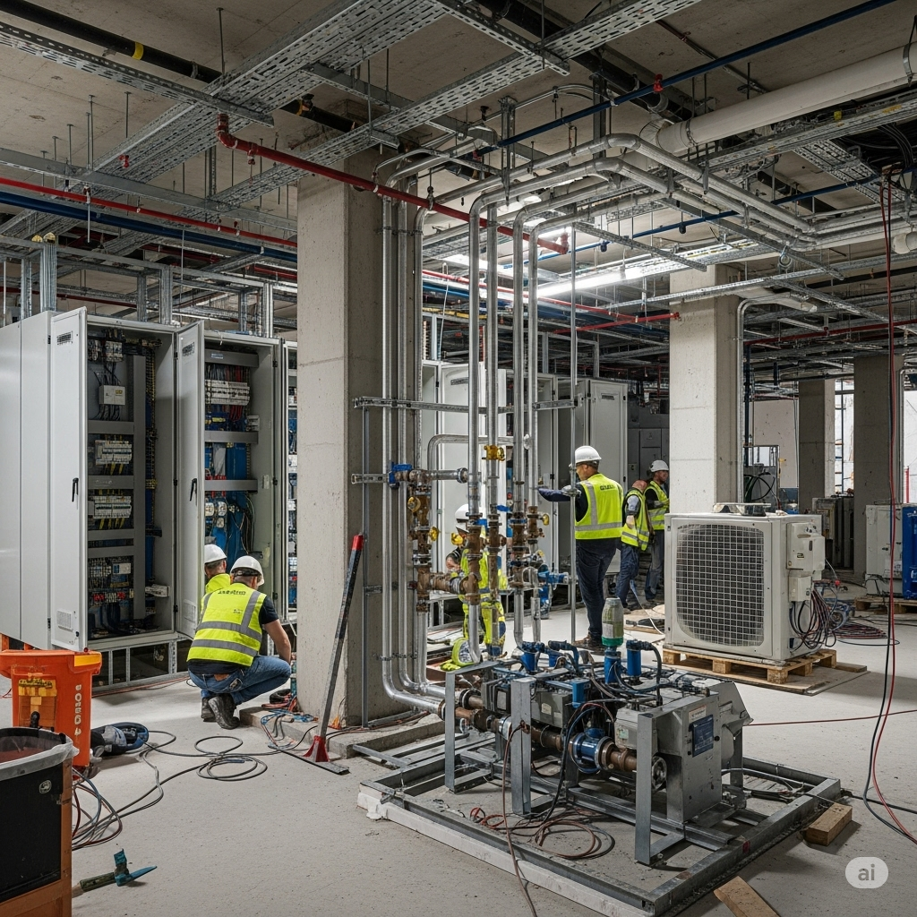 MEP services installation at modern construction site showing electrical and plumbing systems