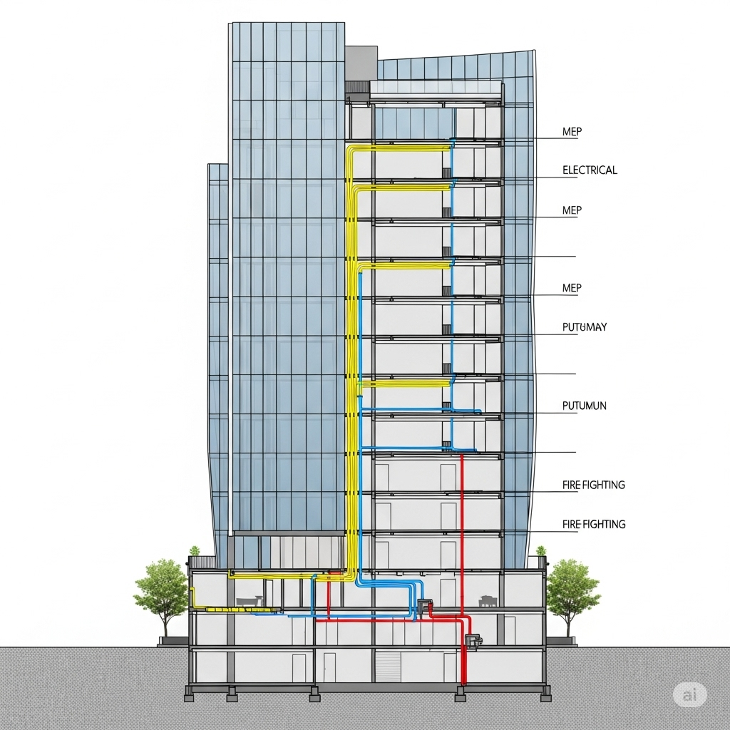 Cross-section diagram of high-rise building showing integrated MEP systems - electrical, plumbing, and fire fighting infrastructure