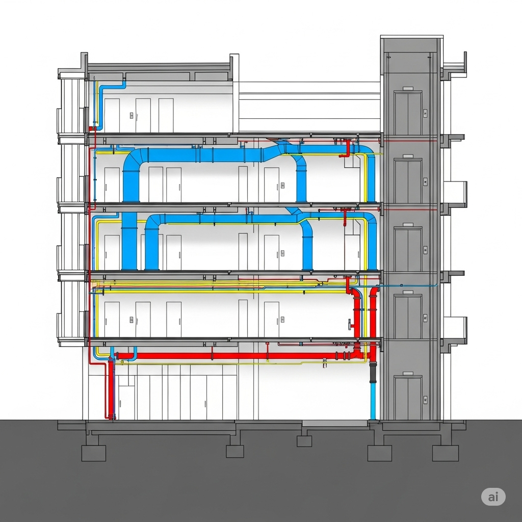 MEP systems cross-section showing HVAC, electrical, plumbing, and elevator systems in modern building