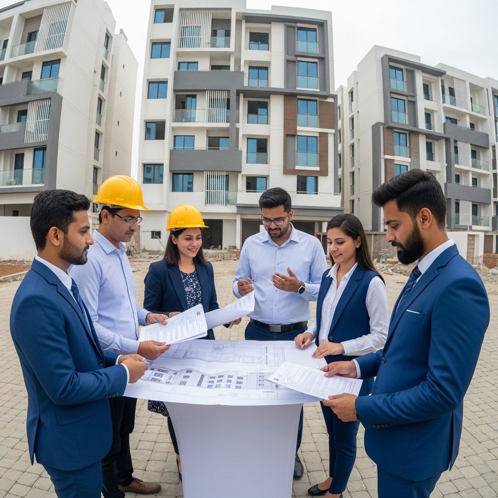 Construction project handover ceremony with engineers reviewing documentation and blueprints