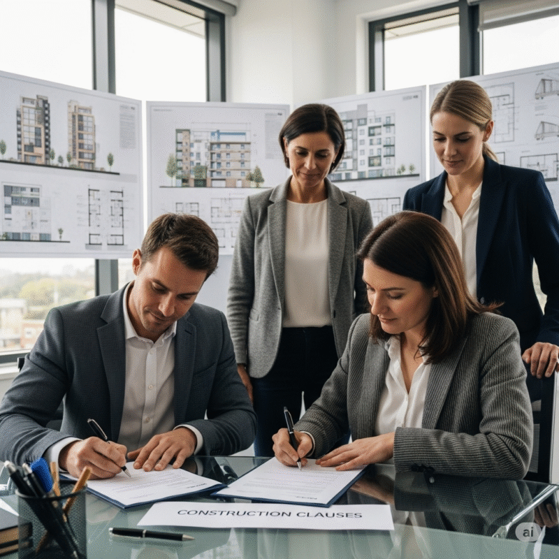 Construction professionals signing contract documents with building plans on conference table
