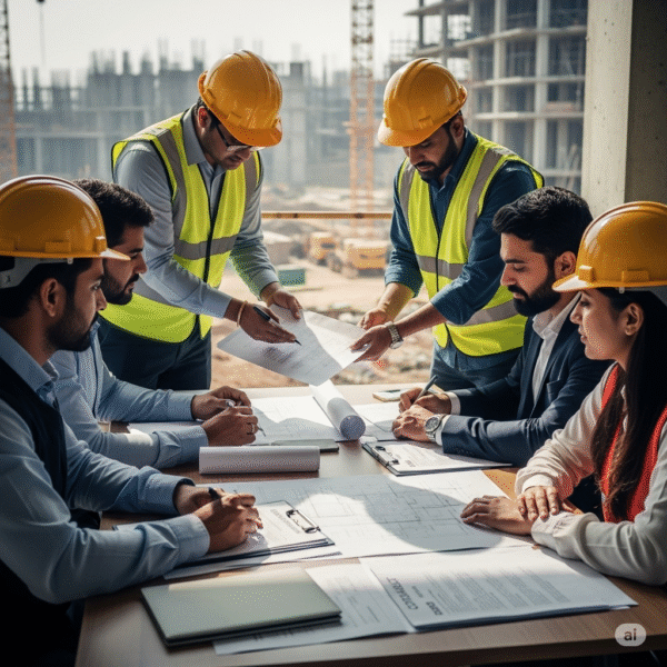 Construction professionals reviewing different types of contracts and project plans