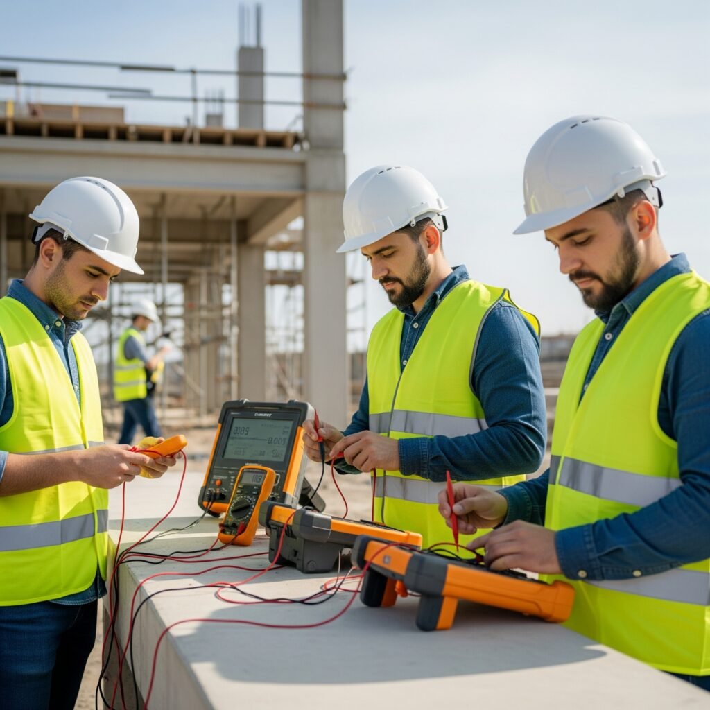 Engineers performing electrical testing and commissioning in construction project