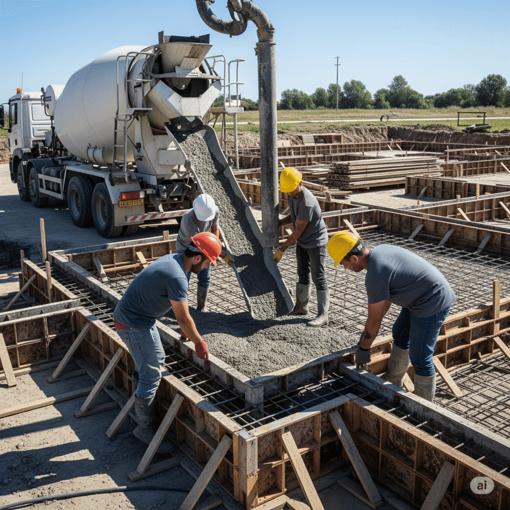 Labour pouring concrete at plinth level from a Transit Mixer, using Chutes