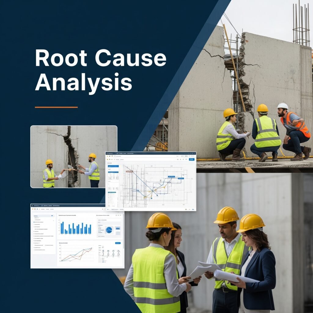 Engineers inspecting the defects in the construction and analyzing root cause