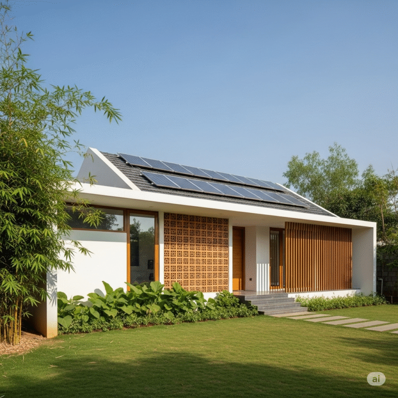 Modern eco-friendly small house showcasing green building techniques with solar panels and natural ventilation