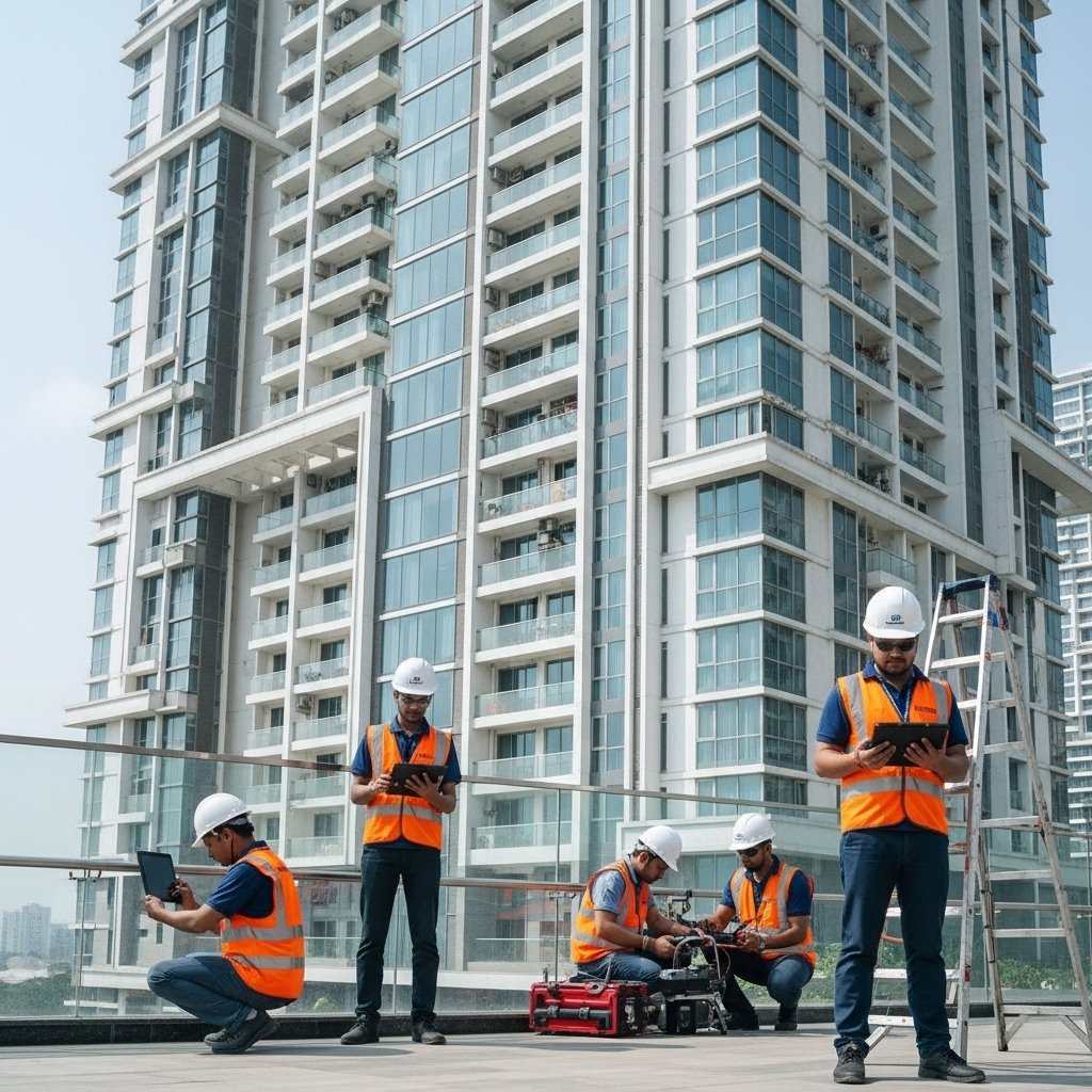 Modern residential high-rise building with maintenance team performing routine inspection using digital tablets and equipment in India