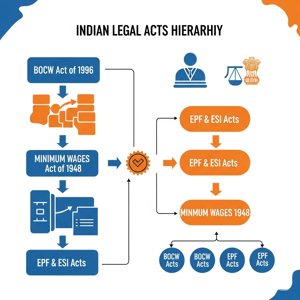 Indian construction industry legal framework showing key labour laws and acts