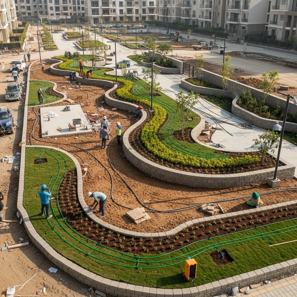 Landscape development and site infrastructure construction in progress at Indian residential project