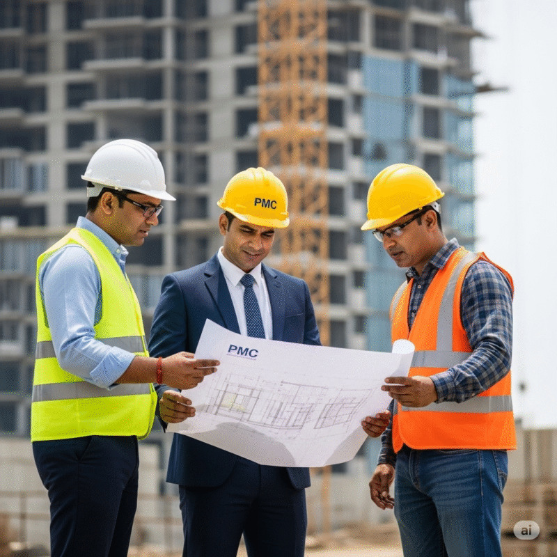 PMC consultant reviewing construction plans with developers at Indian real estate project site
