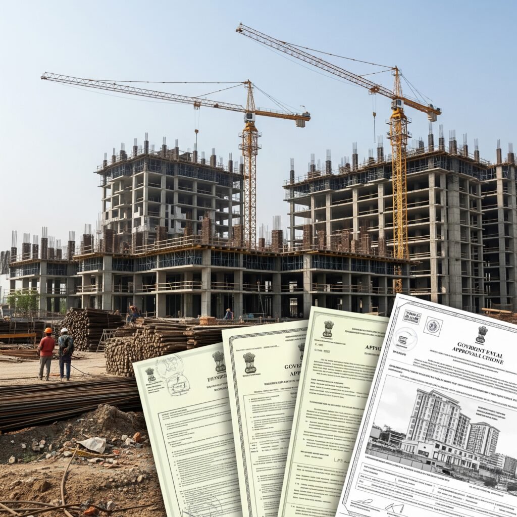 Building construction site in India showing approval process documentation