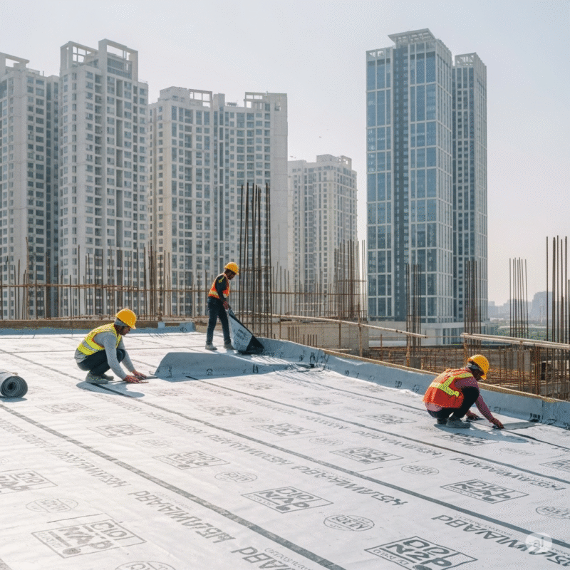 Construction workers applying waterproofing membrane on building roof in Indian construction project
