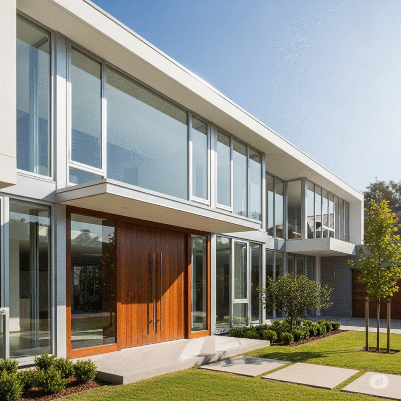 Elegant wooden doors and aluminum windows enhancing a modern home’s facade