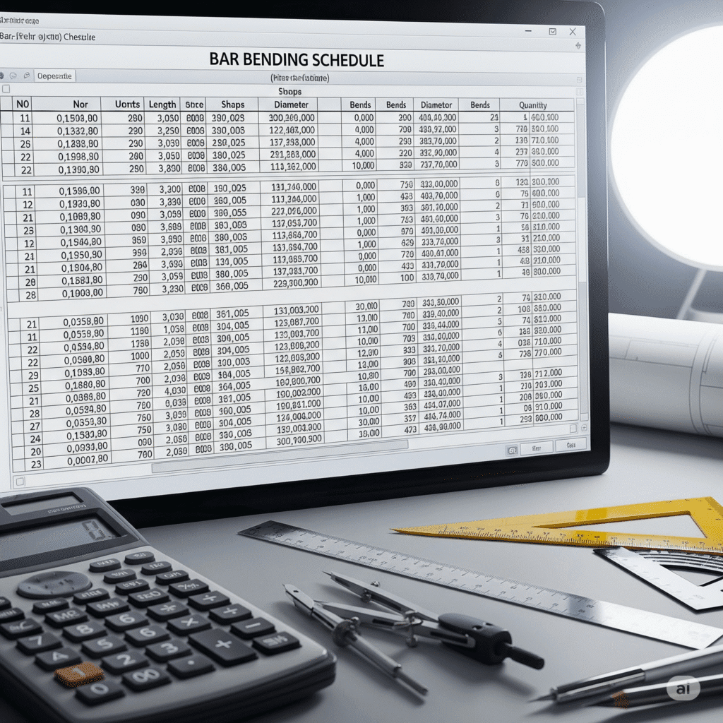 Bar bending schedule format on a tablet screen
