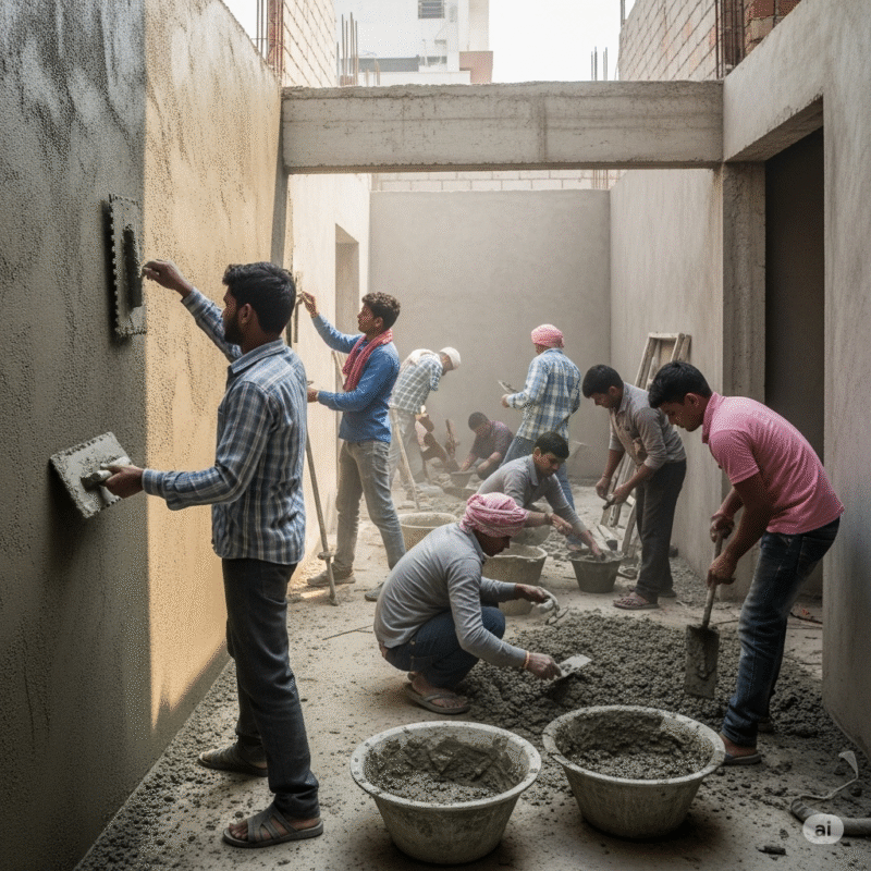 Skilled mason applying cement plaster on an interior wall surface