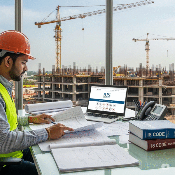 Civil engineer studying IS codes for construction project compliance